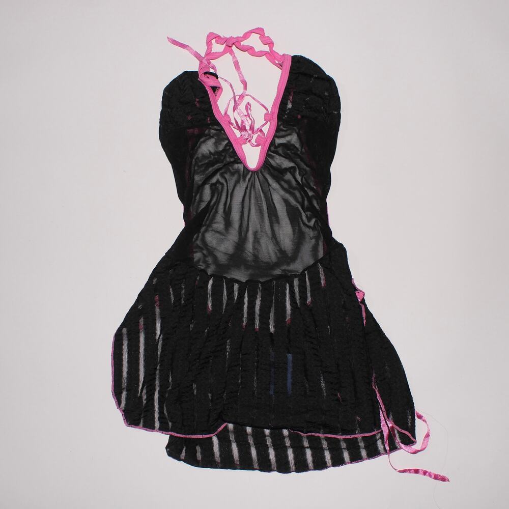 Risque Black Semi Sheer Cami With Hot Pink Details And A Deep Cutback Onesize